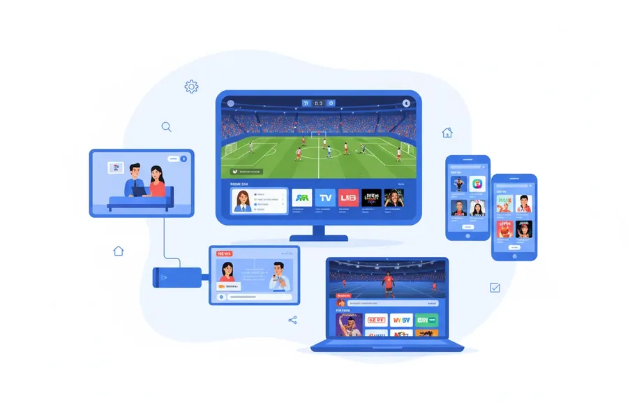 Multi-device IPTV USA plan streaming on a Smart TV, laptop, tablet and phone at the same time from one login